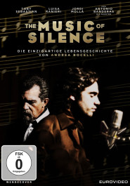 Filmplakat zu "The Music of Silence". Mit dem Rücken zueinander zwei dunkel gekleidete Männer. Einer trägt einen Vollbart, beide haben die Augen geschlossen.
