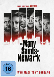 Filmplakat zu the many saints of newark. 6 senkrechte Streifen mit den Gesichtern von Männern und Frauen in schwarz-weiß, darunter der Filmtitel, das r von newark ist eine pistole