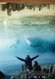 Filmplakat zu "Die Farbe der Sehnsucht". Am Ufer breitet eine Person die Arme weit aus, darüber Zugvögel und ein Taucher, ganz oben die umgedrehte Silhouette einer Großstadt.