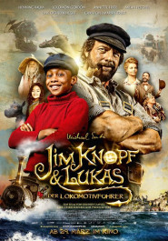 Filmplakat zu "Jim Knopf und Lukas der Lokomotivführer". Ein bärtiger Mann mit Pfeife und ein strahlender Junge, beide mit Schaffnersmützen, rechts und links von ihnen weitere Figuren.