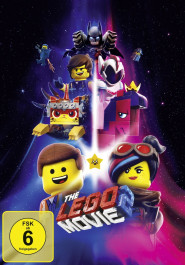Filmplakat zu "The Lego Movie 2". Gelbe Lego-Gesichter, dahinter schwarze Masken.