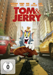 Filmplakat zu Ton und Jerry. Ein Kater liegt mit weit aufgerissenem Nund auf einem Skateboard, auf ihm sitzt eine lachende Maus und hält sich an seinen Augenlidern fest. Links und rechts Autos und Hochhäuser.