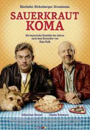 Filmplakat zu "Sauerkrautkoma" Nebeneinander sitzen zwei Männer mittleren Alters am Tisch, vor ihnen eine Hundeschnauze und ein Teller mit Sauerkraut.
