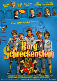 Filmplakat zu "Burg Schreckenstein". Fünf Jungs stehen nebeneinander vor der blauen Fassade einer Burg.