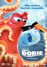 Filmplakat zu "Findet Dorie". Ein orange-roter Oktopus hält in einem seiner Tentakel ein rundes Aquarium mit einem blauen Fisch mit großen Augen darin.