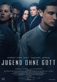 Filmplakat zu "Jugend ohne Gott". Schwach angeleuchtet stehen mehrere junge Leute in dunkler, eleganter Kleidung nebeneinander.