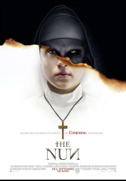 Filmplakat zu "The Nun". Eine Nonne mit einer Glaubenskette um den Hals, ein schwarzer Schatten verdeckt die obere Hälfte ihres Kopfes.