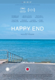 Filmplakat zu "Happy End". Der Horizont des Meeres, darüber blauer Himmel, ganz vorne ein Geländer, dass ins Wasser führt.