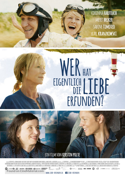 Filmplakat zu "Wer hat eigentlich die Liebe erfunden?". Mehrere Fotos, oben eine lachende Frau und ein lachender Mann, in der Mitte eine blonde Frau mittleren Alters, unten zwei lächelnde Frauen.